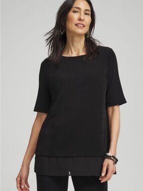 Chico’s Travelers Womens Black Chiffon Hem Tunic Top Boat Neck Short Sleeve Sz L